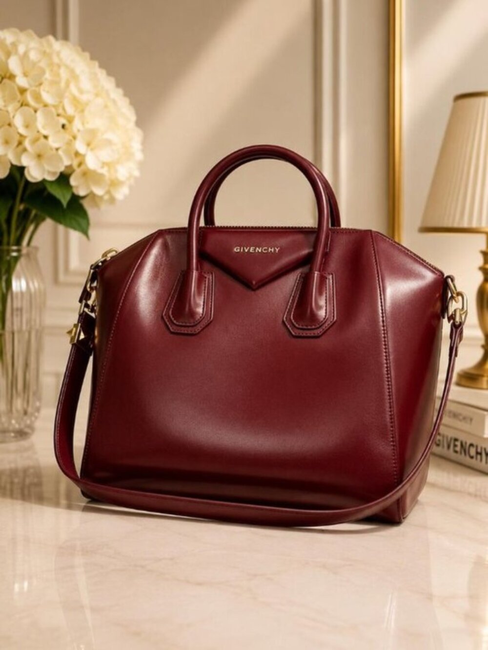 Authentic Givenchy Antigona Medium Oxblood Leather Top Handle Shoulder Bag